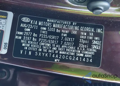 2012 Kia Sorento Lx из США, поврежденный, VIN 5XYKT4A20CG241434